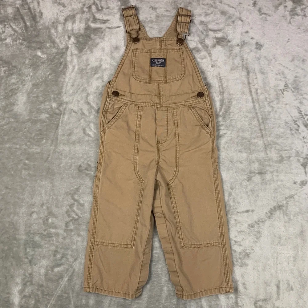 OshKosh Bgosh Kids Overalls Toddler 24 Months Khaki 100% Cotton Double Knee Bib